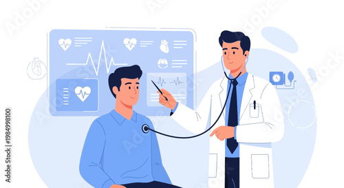 Doctor examining patient's heart with stethoscope, medical check-up, cardiology concept