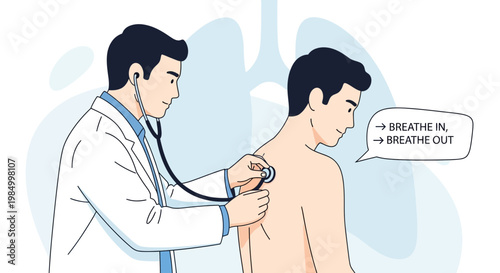 Doctor examining patient's lungs with stethoscope, breathing instructions