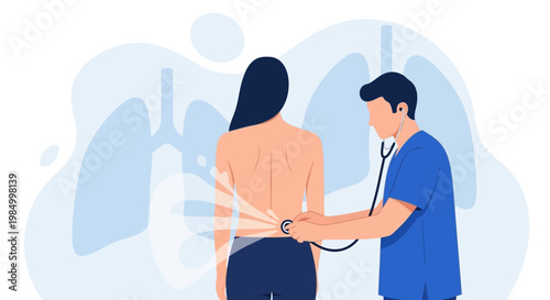 Doctor examining patient's lungs with stethoscope, medical checkup, respiratory health