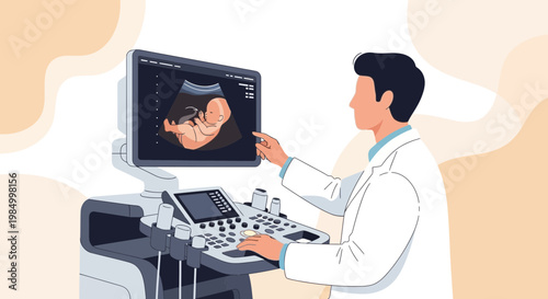 Doctor examining ultrasound of baby fetus on screen, medical technology concept