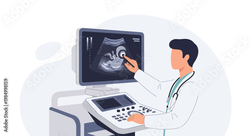 Doctor examining ultrasound scan of fetus, medical technology and healthcare concept