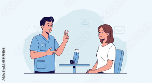 Doctor explaining asthma inhaler to patient, medical consultation, respiratory health