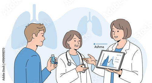 Doctor explaining asthma treatment to patient with inhaler and lung diagram