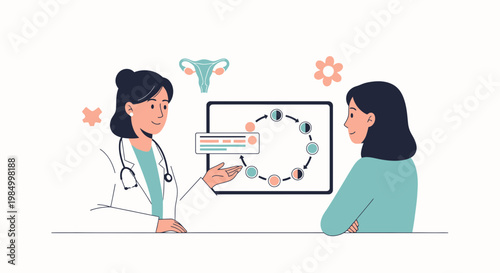 Doctor explaining menstrual cycle phases to patient on tablet screen
