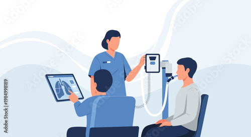 Doctor explaining lung function test results to patient on tablet, medical equipment