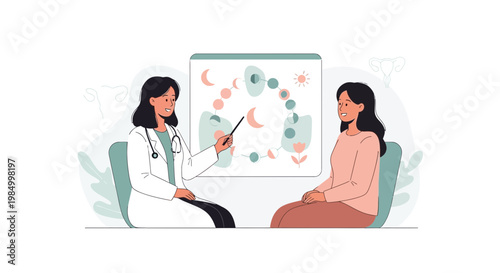 Doctor explaining menstrual cycle to patient, fertility and health consultation