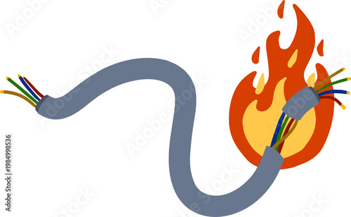 Electric fire, burning wire cable, short circuit damage hazard symbol. Electrical cord flame danger, spark energy power accident. Electric fire industrial safety risk, ignite heat equipment.