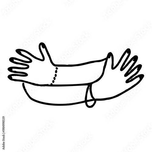 Female hugging hands, hand drawn doodle arm hug with jewelry, support and love gesture. Minimalist line art embracing silhouette, care friendship symbol, woman touch outline. Female hugging hands