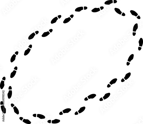 Barefoot trail arch, black silhouette human foot print track circle set isolated on white. Walking person steps, barefoot trail design, organic body part shape. Foot print collection