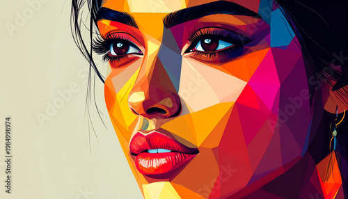 Abstract low poly female face expressing a thoughtful emotion.