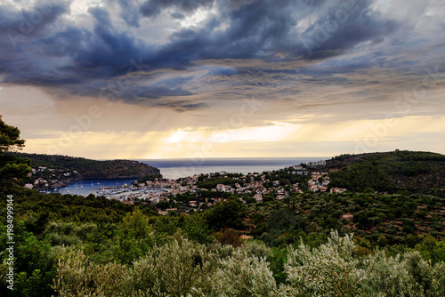 Port de Soller by rain seen from the mountains