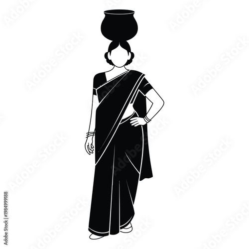 Traditional Indian Village Woman in Saree Carrying Water Pot on Head – Black and White Vector Illustration of Rural Life, Indian Culture, and Traditional Daily Chores