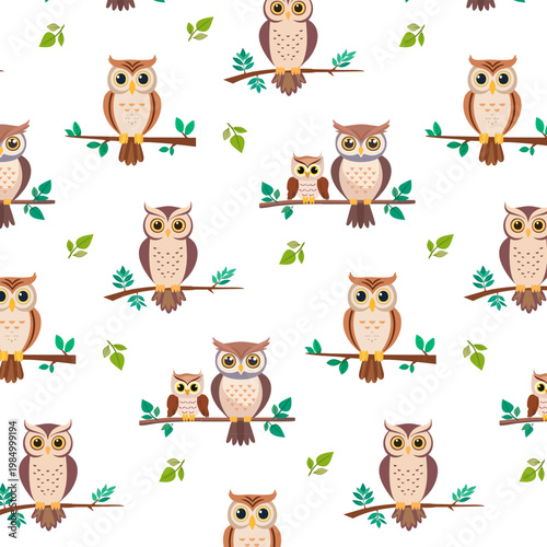 White background with owls on branches.Vector seamless pattern with forest owls on tree branches.