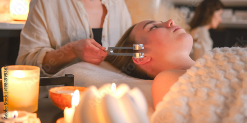 Canvas Print Tuning fork sound therapy with candles, practitioner applying vibration to woman's neck, holistic wellness ritual, relaxation, alternative spa treatment, close up