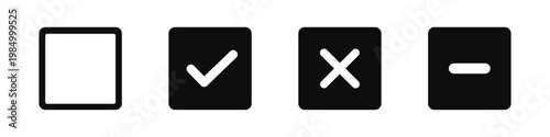 Checkbox icon set with checked, unchecked, cross and minus states. Selection control symbols for form UI, task list, settings options and app interface design
