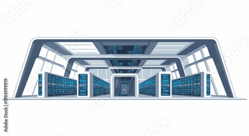 Futuristic Data Center with Rows of Servers and Modern Architecture