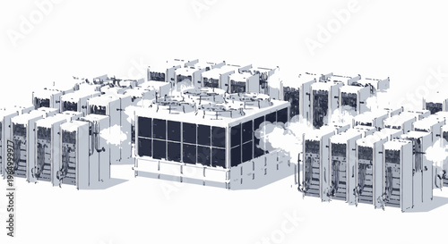 Modern data center with rows of servers and cooling units, representing technology and digital infrastructure