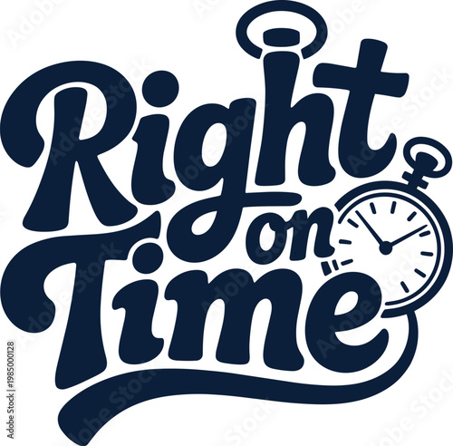 Right on Time retro lettering with integrated stopwatch illustration on transparent