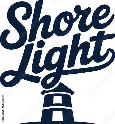 "Shore Light" script typography with lighthouse icon in dark blue on transparent