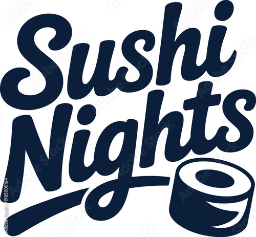 Sushi Nights navy blue typography in a bold script font with icon on transparent