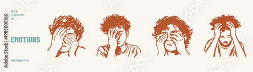 Sad stressed person covering face anxiety emotional expressions set. Illustrations for mental health and psychology topics. Hand drawn style drawing with soft rough lines.
