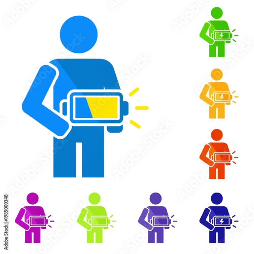 Colorful People Holding Battery Icons.