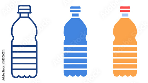Bottled Beverages Trio: A set of three graphically rendered beverage bottles, each holding a different colored liquid, stand in stark simplicity.