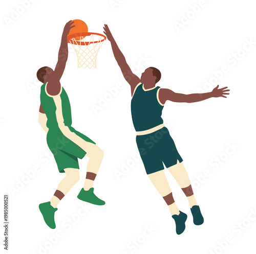 Basketball players competing in intense dunking action on isolated white background