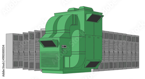 Large green industrial air handling unit or HVAC system in front of server racks, representing data center cooling and technology infrastructure.