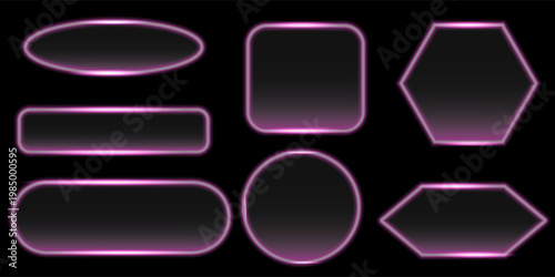 Set Neon pink light glow 3d frame buttons design and clear call action contrast, flat vector with oval, circle, pile etc.