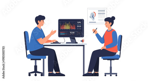 Audiologist examining patient's hearing with audiogram on computer screen