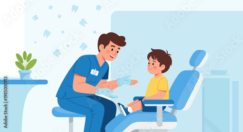 Dentist comforting child patient in dental chair, healthy teeth background