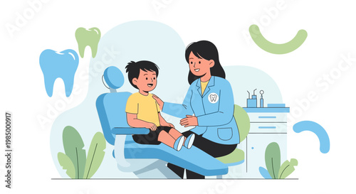 Dentist comforting child patient in dental chair, healthy teeth illustration
