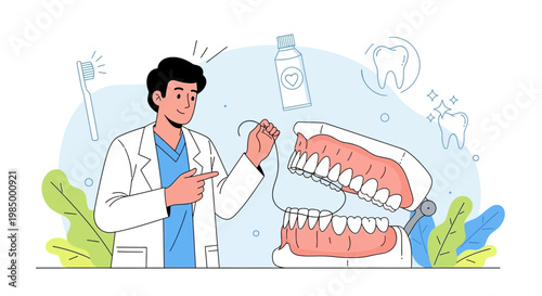Dentist demonstrating dental hygiene with teeth model and floss, promoting oral care