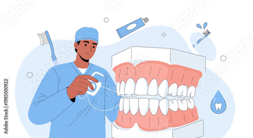 Dentist demonstrating dental hygiene with teeth model and floss