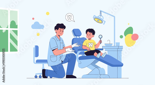 Dentist examining a child's teeth in a modern dental clinic, cartoon style