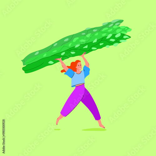 Smiling woman carrying an oversized green asparagus above her head. Bright bold colors, flat vector illustration. Healthy eating, fresh produce, vegetarian lifestyle, organic farming, nutritious food