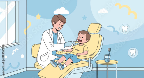 Dentist examining a child's teeth in a bright, child-friendly dental office