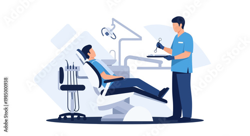 Dentist examining patient in chair with modern dental equipment and tools