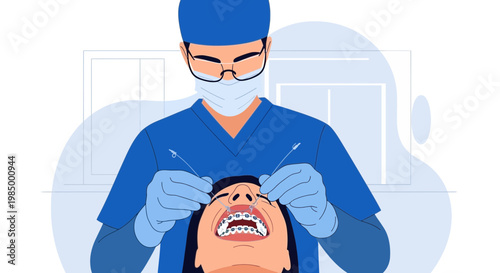 Dentist examining patient with braces, dental care, oral hygiene, orthodontic treatment