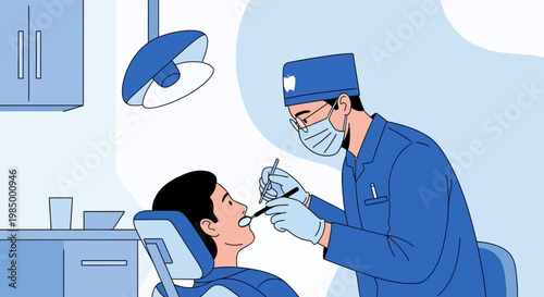 Dentist examining patient's teeth with dental tools in a modern clinic, blue tones