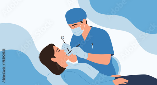 Dentist examining patient's teeth with dental tools in a modern clinic, health care concept