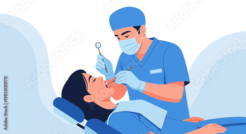 Dentist examining patient's teeth with dental tools in a modern clinic