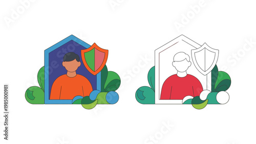 Modern flat design illustration of personal protection within a home environment featuring a person shield and abstract plant elements solid and outline versions