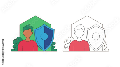 Modern flat design illustration of personal protection within a home environment featuring a person shield and abstract plant elements solid and outline versions