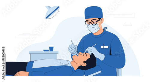 Dentist performing dental examination on patient in modern clinic with surgical light