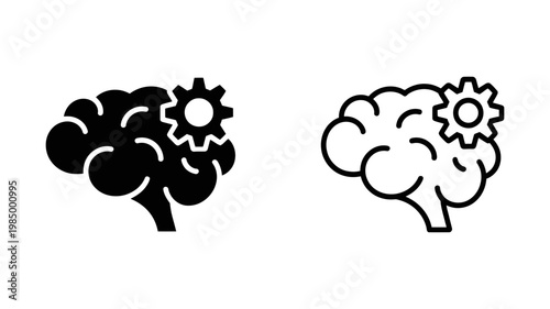 Brain and gears icon symbolizing intelligence and mechanical process solid black and outline versions vector graphics