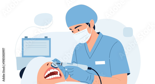 Dentist performing dental examination on patient with modern equipment in clinic