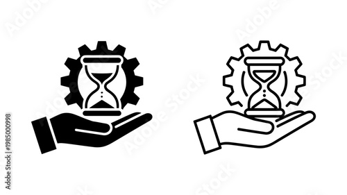 Time management concept with hourglass and gear on an open hand solid black and outline versions vector graphics