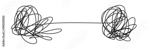 Tangled scribble lines transitioning from chaos to straight arrow. Concept of problem solving, simple solution, untangling process, and efficient business strategy development in eps 10.